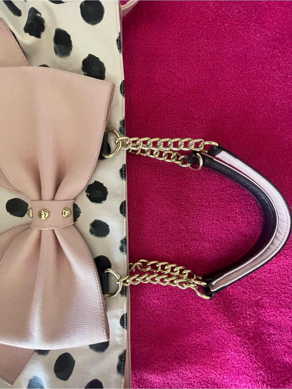 Betsey Johnson White & Black Polka Dot Tote with Pink Bow - Picture 9 of 9